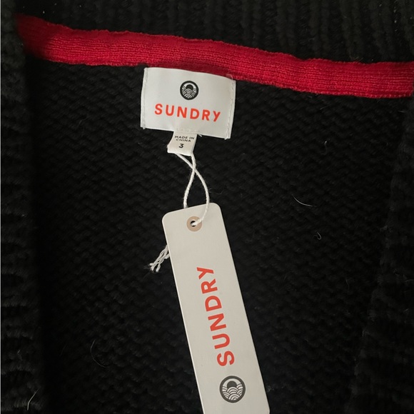 Sundry Button-up Wool Blend Black Cardigan White Stripes Size Large 3 - Picture 3 of 5